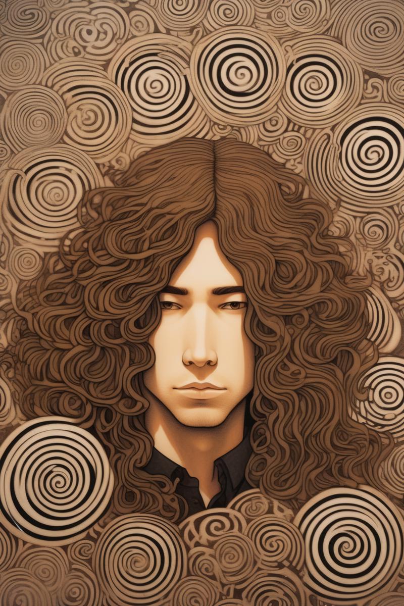 00043-1633133950-_lora_Audrey Kawasaki Style_1_Audrey Kawasaki Style - a man with long curly brown hair surrounded by cymatics vibrations, in the.png